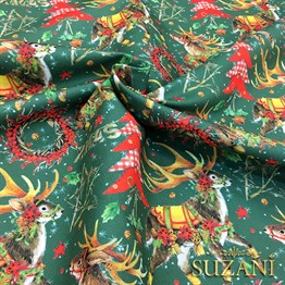 Yeşil Zemin Geyikli Yılbaşı Desenli Kumaş