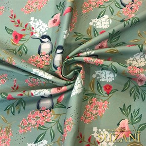 Yeşil Zemin Saka Kuşu Dijital Baskılı Kumaş