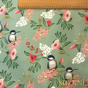 Yeşil Zemin Saka Kuşu Dijital Baskılı Kumaş