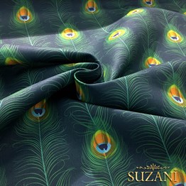 Yeşil Zemin Tavus Kuşu Tüyü Desenli Kumaş