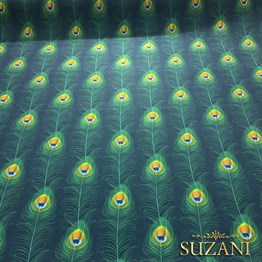 Yeşil Zemin Tavus Kuşu Tüyü Desenli Kumaş