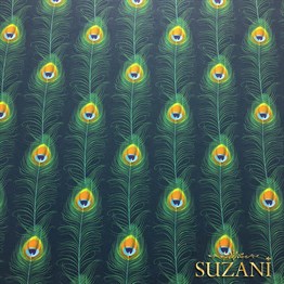 Yeşil Zemin Tavus Kuşu Tüyü Desenli Kumaş