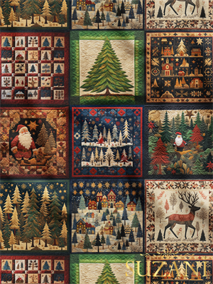 Yılbaşı Ağacı Patchwork Desenli Dijital Baskılı Kumaş