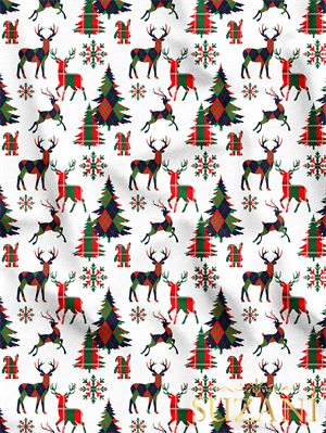 Yılbaşı Ekose Geyik Desenli Dijital Baskılı Kumaş