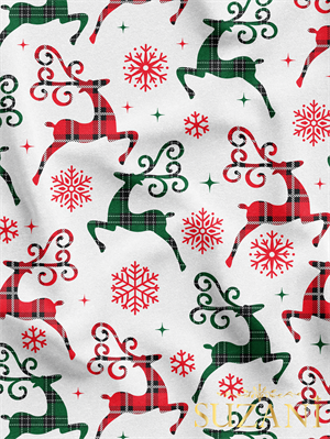 Yılbaşı Ekose Geyik Desenli Dijital Baskılı Kumaş
