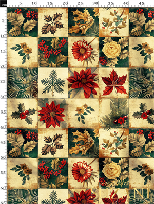 Yılbaşı Kırmızı Çiçek Patchwork Desenli Dijital Baskılı Kumaş