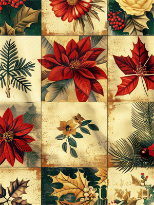 Yılbaşı Kırmızı Çiçek Patchwork Desenli Dijital Baskılı Kumaş