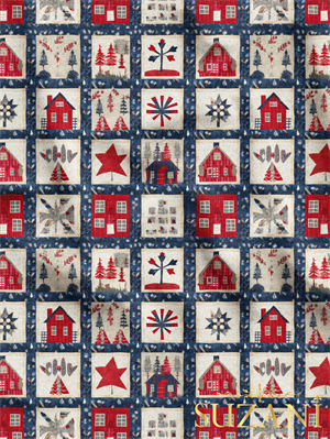 Yılbaşı Noel Kır Evi Patchwork Desenli Dijital Baskılı Kumaş