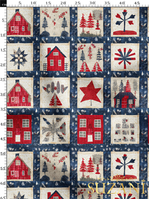 Yılbaşı Noel Kır Evi Patchwork Desenli Dijital Baskılı Kumaş