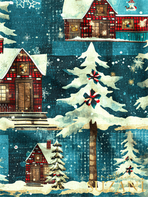Yılbaşı Noel Kır Evleri Desenli Dijital Baskılı Kumaş