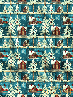 Yılbaşı Noel Kır Evleri Desenli Dijital Baskılı Kumaş