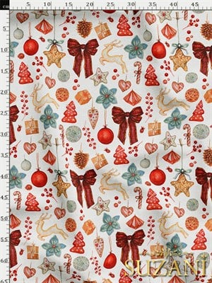 Yılbaşı Süsleri Desenli Dijital Baskılı Kumaş