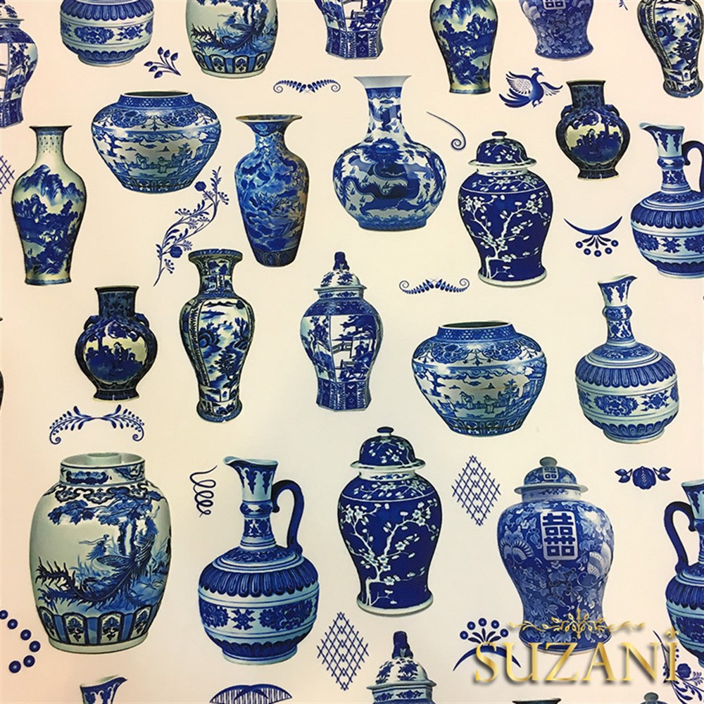 Mavi Çini Vazolar Desenli Kumaş - Suzani