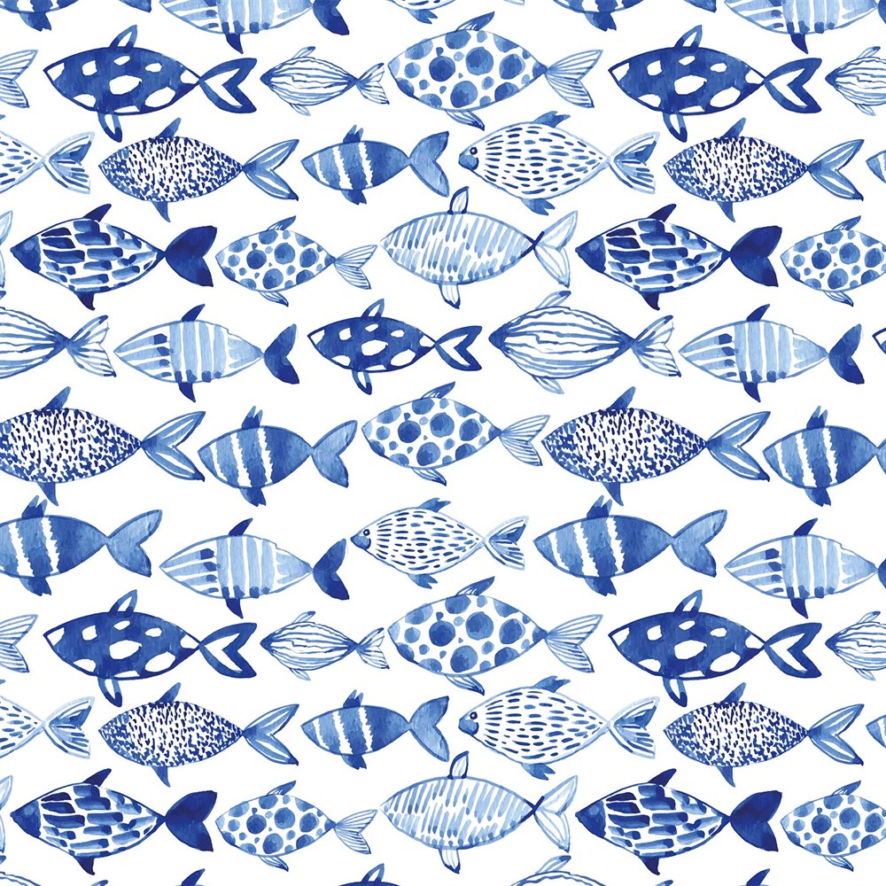 Suluboya Mavi Balık Desenli Kumaş - Suzani