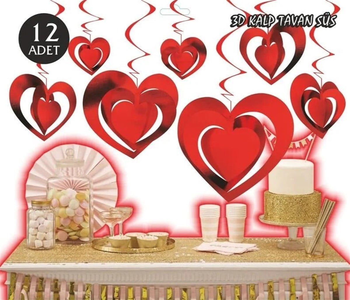 3 Boyutlu Kırmızı Kalp Asma Süs 12 Parça