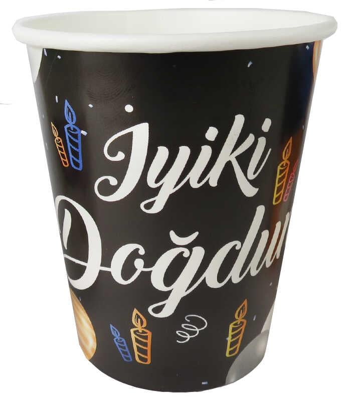 BARDAK KARTON İYİKİ DOĞDUN BALONLU SİYAH 8OZ PK:8