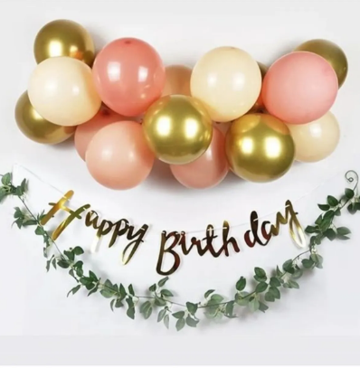 Gold Krom Happy Birthday Banner ve Gold Somon Balon Zinciri Seti