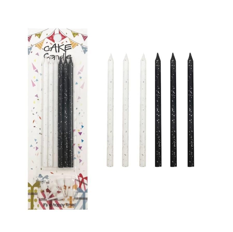 Mum İnce Siyah Beyaz Parıltılı 14 cm 6 Adet