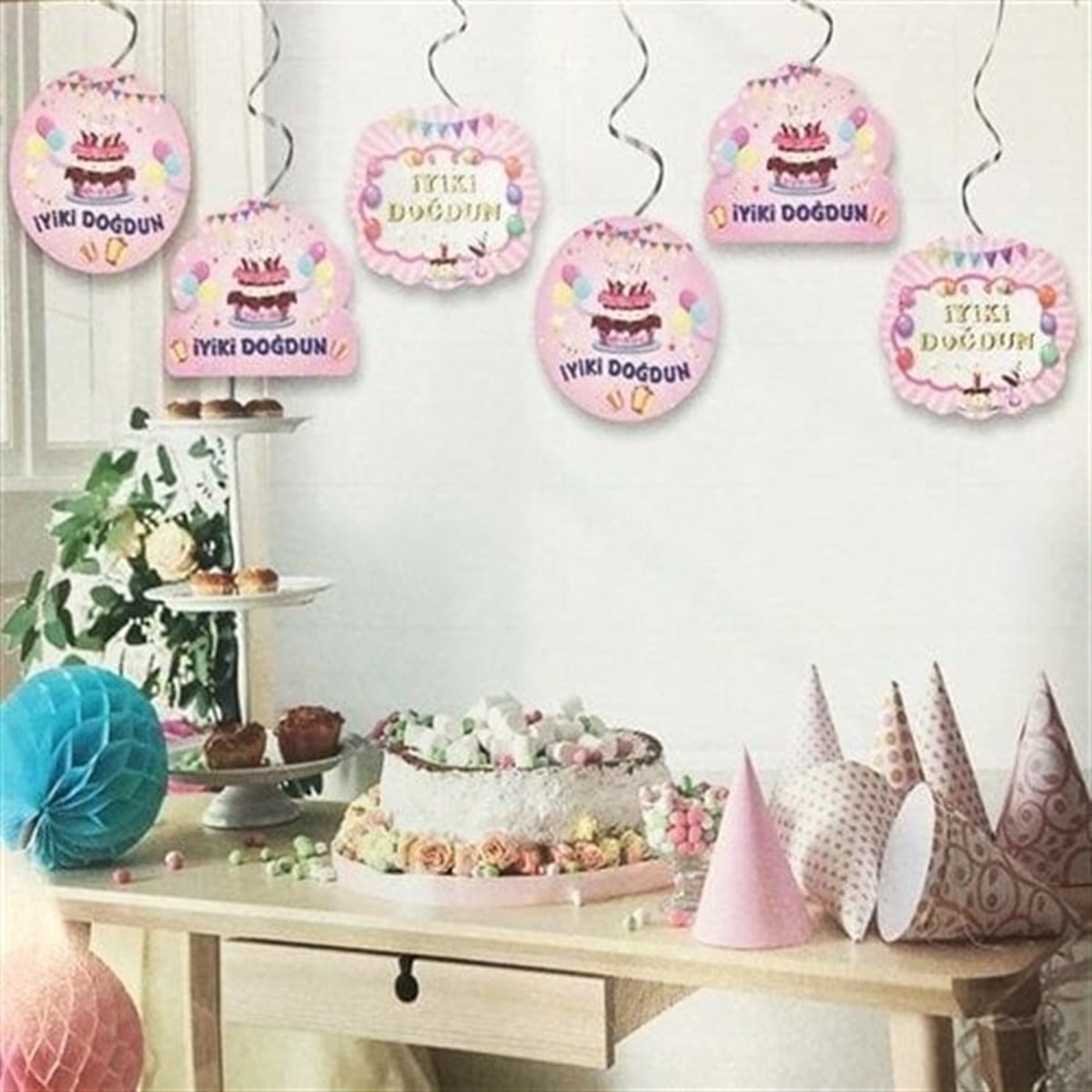 Pembe Renkli İyi Ki Doğdun Asma Süs 6 Adet