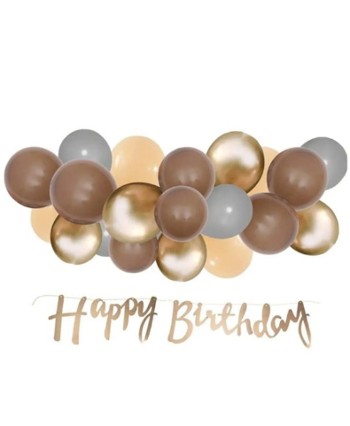 Rose Goldlu Happy Birthday Banner ve Kahverengi Balon Zinciri Seti