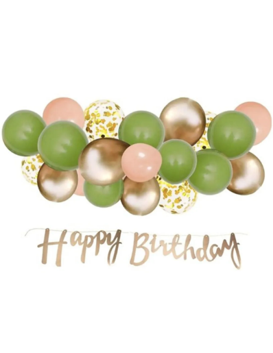 Rose Goldlu Happy Birthday Banner ve Rose Gold Balon Zinciri Seti
