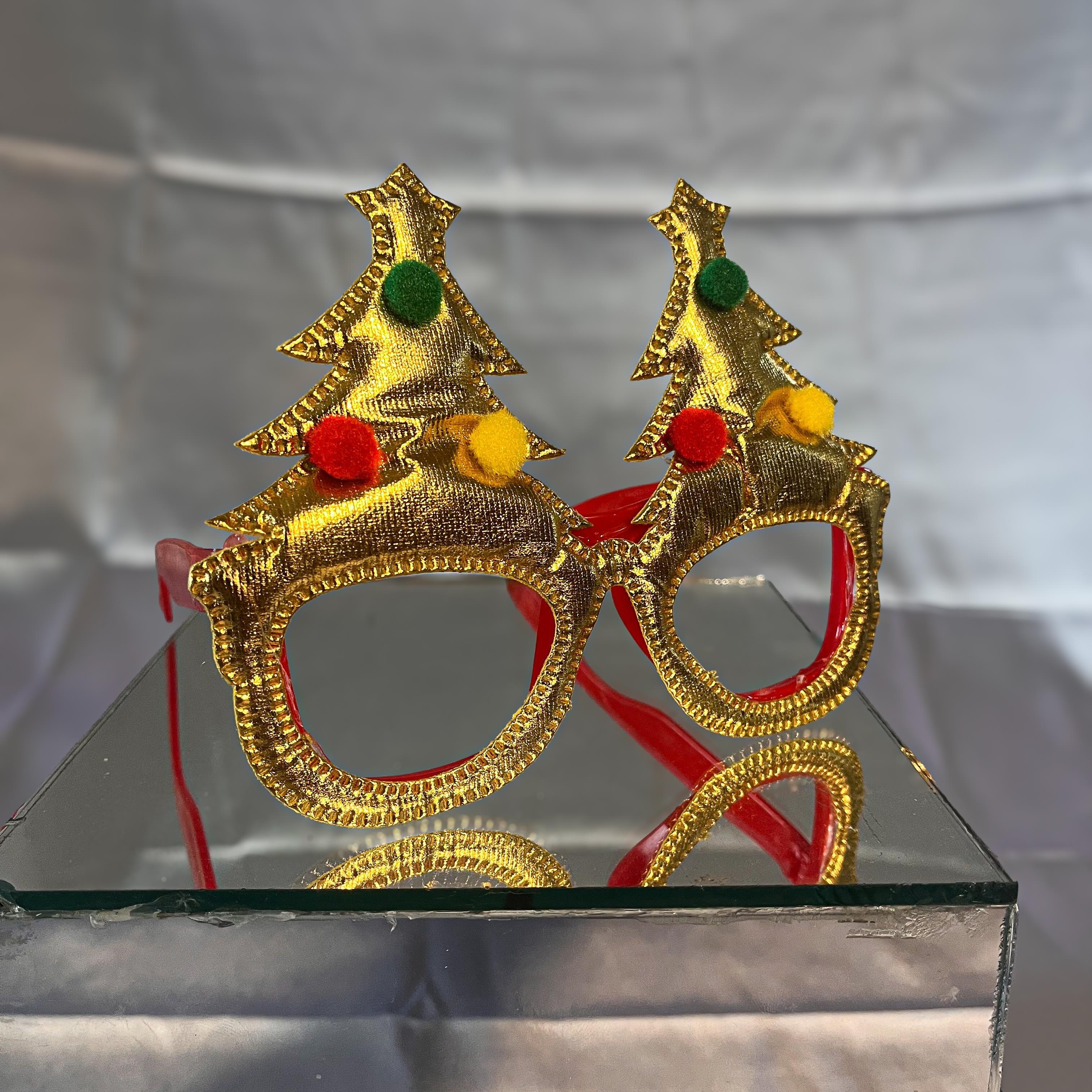 Yılbaşı Parlak Gold Renk Gözlük Çam Ağacı Modeli