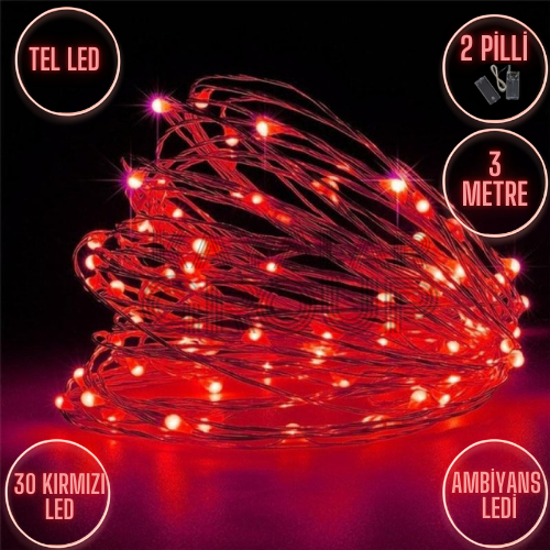 3 M Kırmızı Peri Led Tel Led 2 Pilli