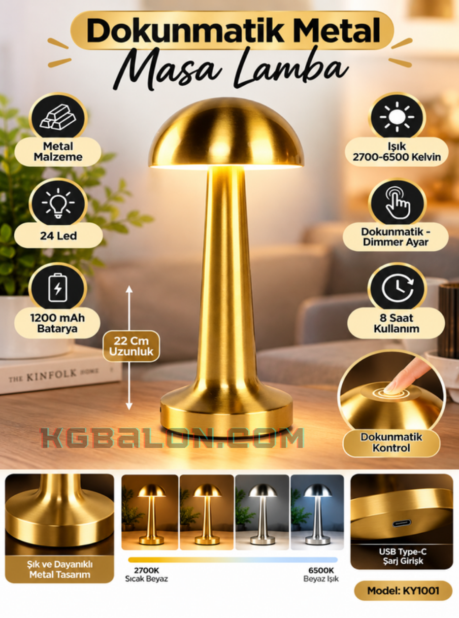  Dekoratif Metal Gold Mantar Kablosuz Masa Lambası Ledli 