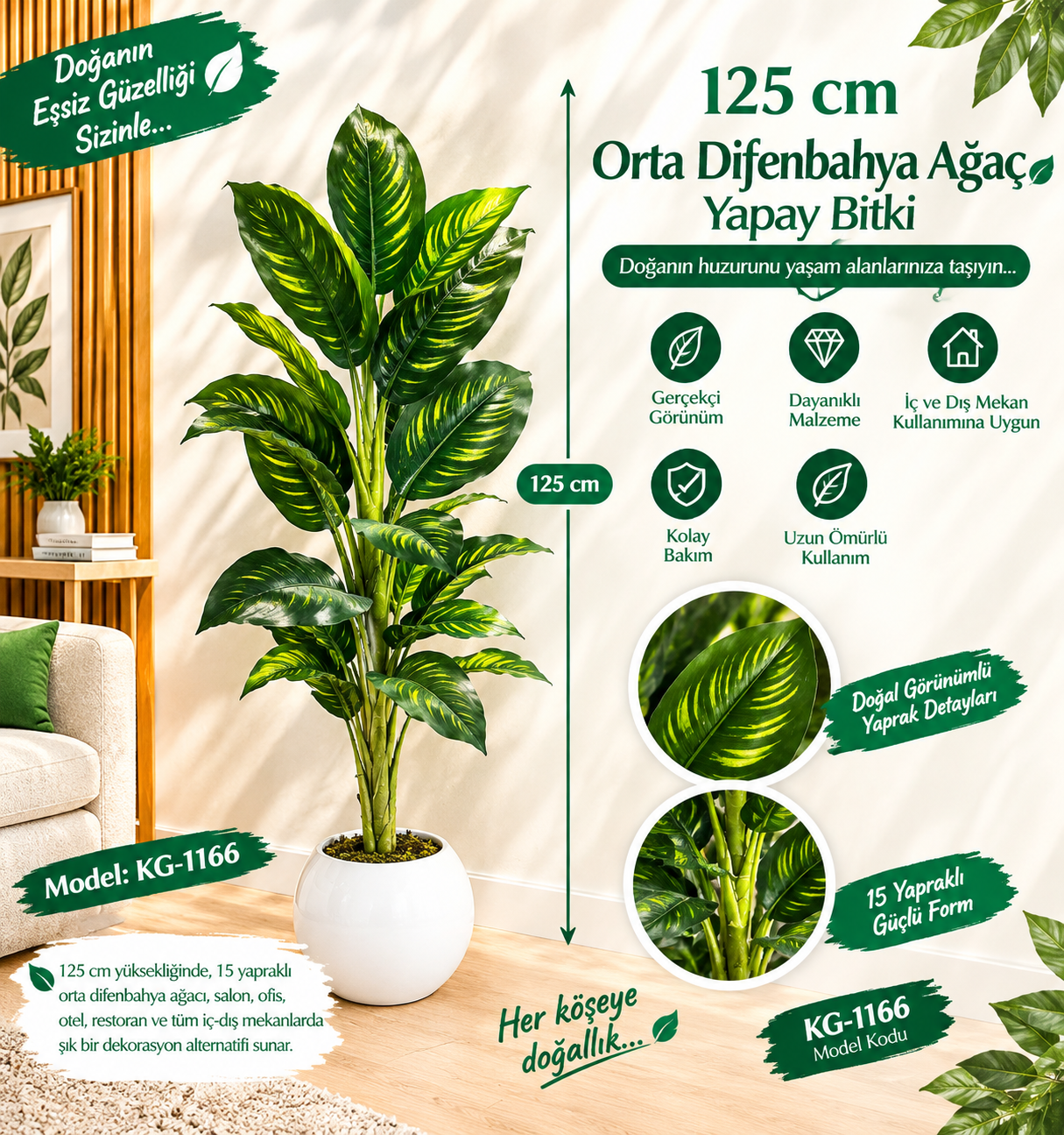  Orta Difenbahya Ağaç 125 Cm 15 Yaprak