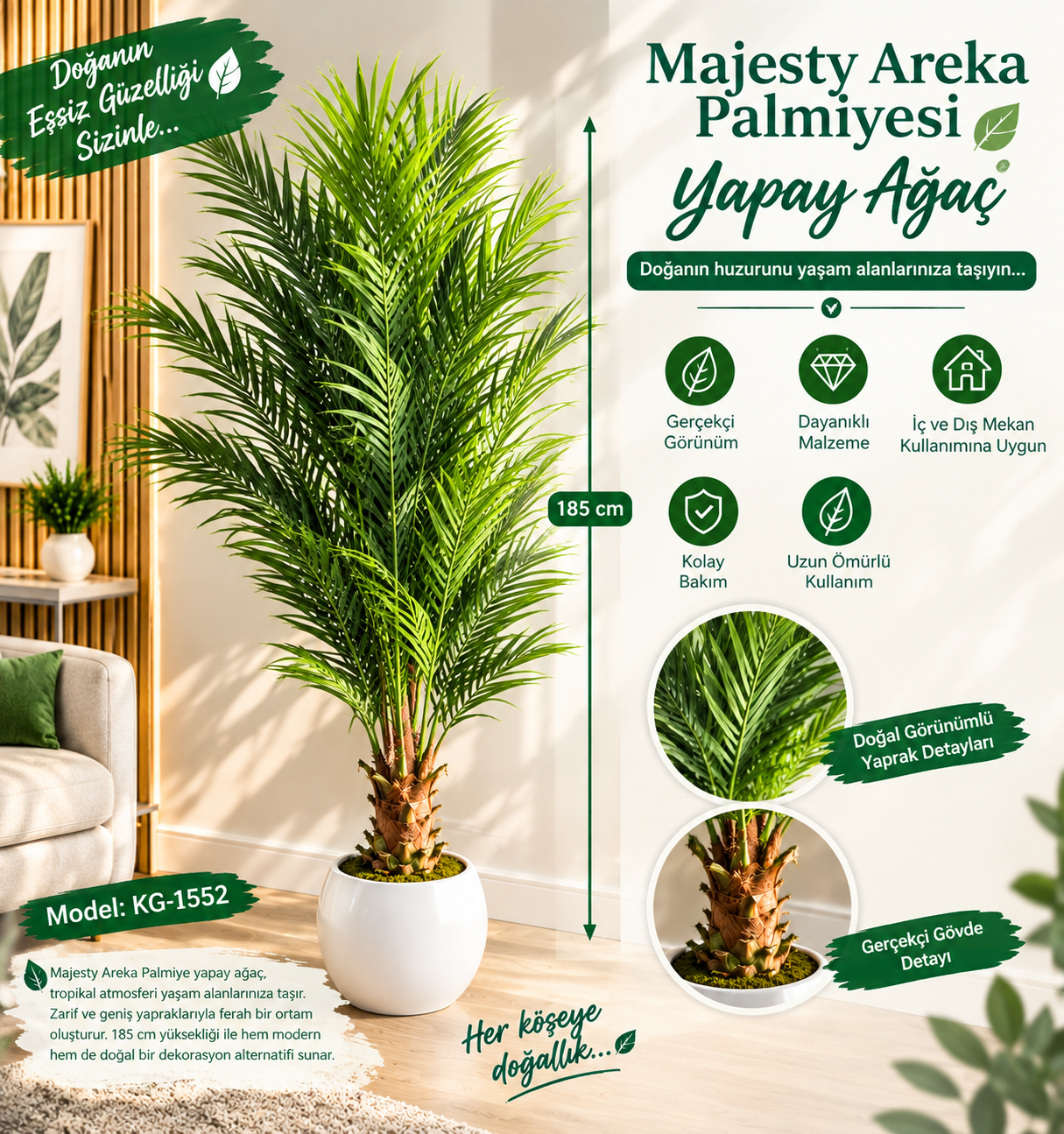 185 Cm Yapay Ağaç Majesty Areka Palmiyesi