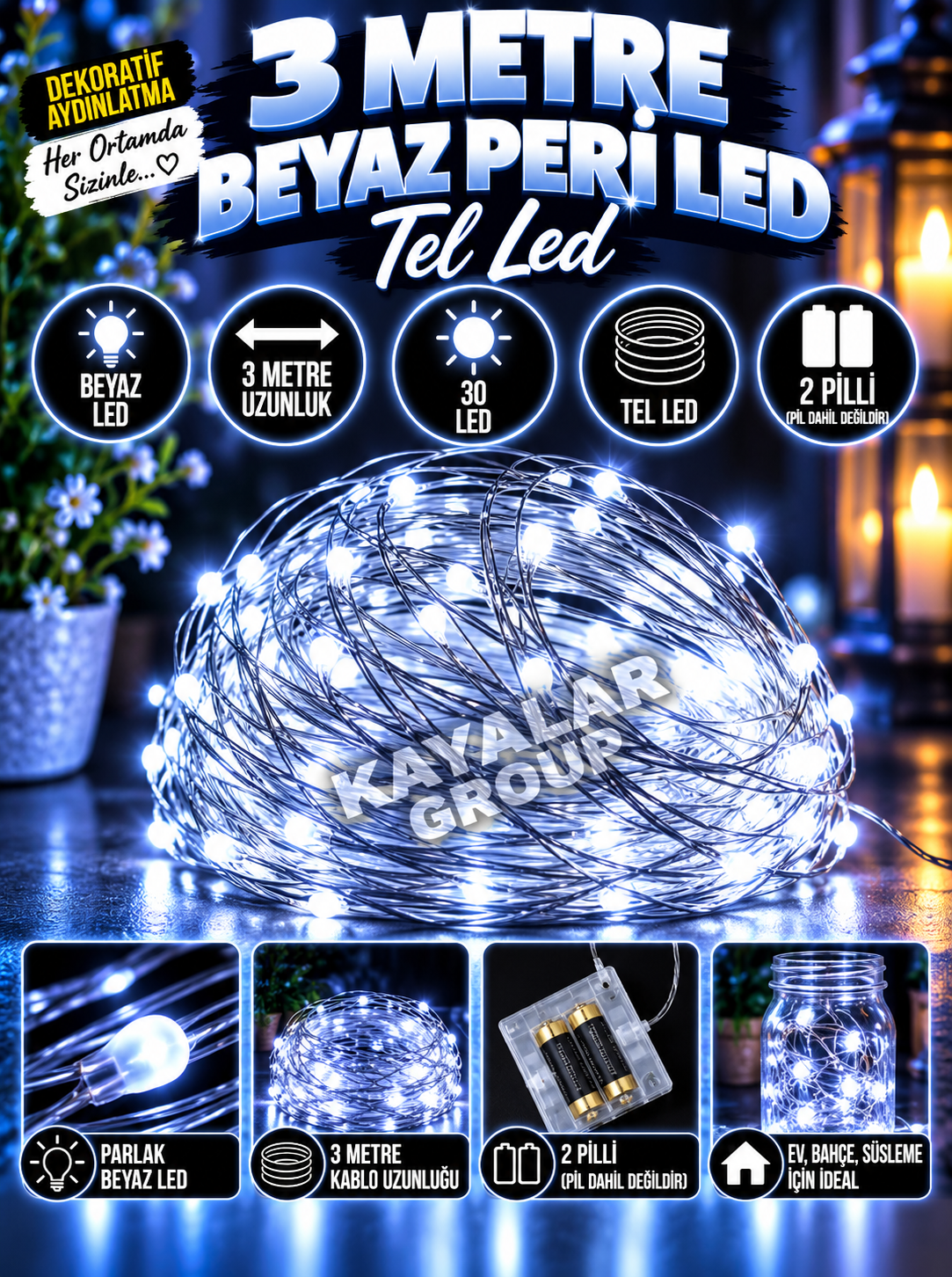 3 M Beyaz Peri Led Tel Led 2 Pilli
