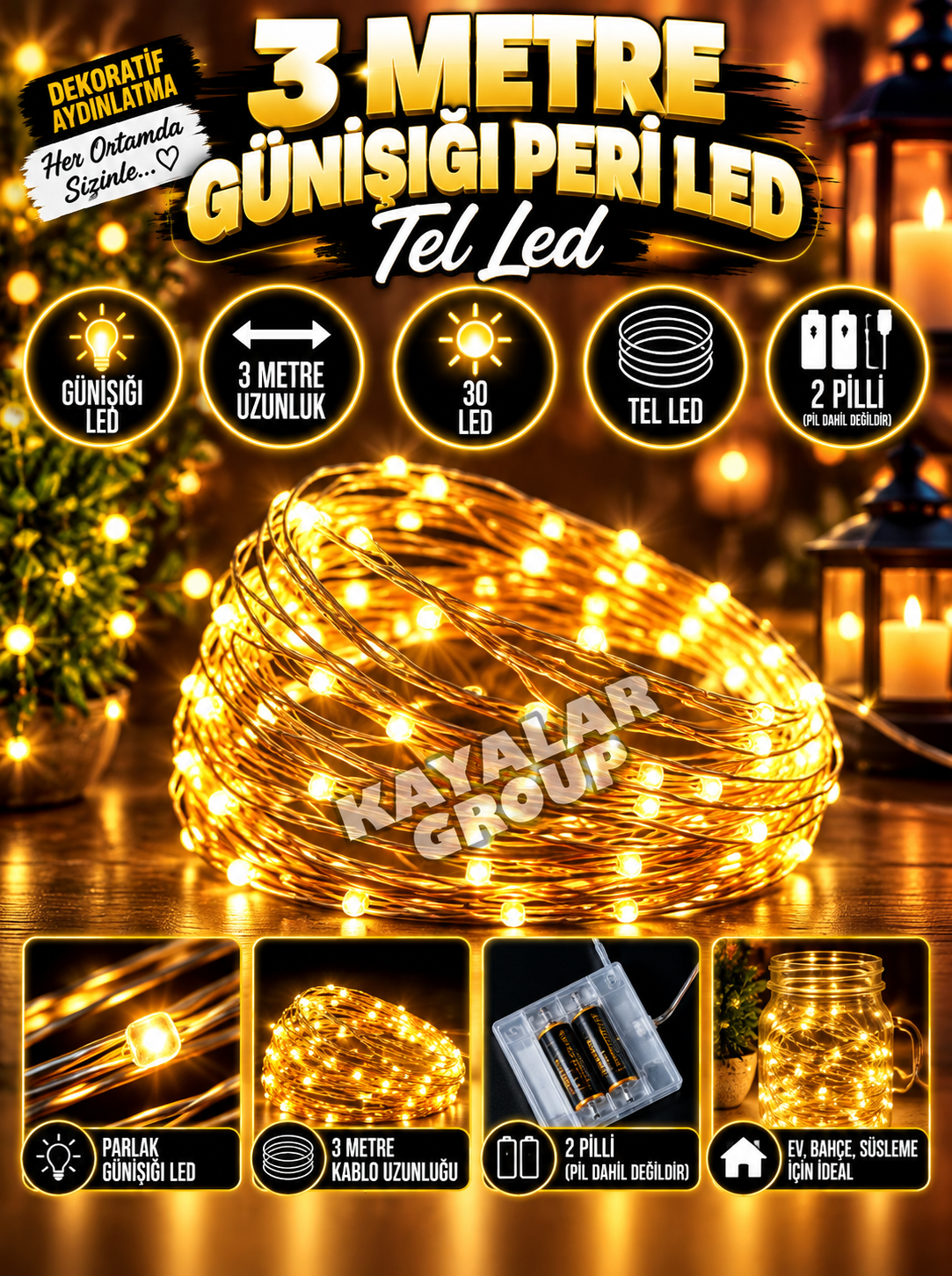 3 M Gün Işığı Peri Led Pilli Tel Led 