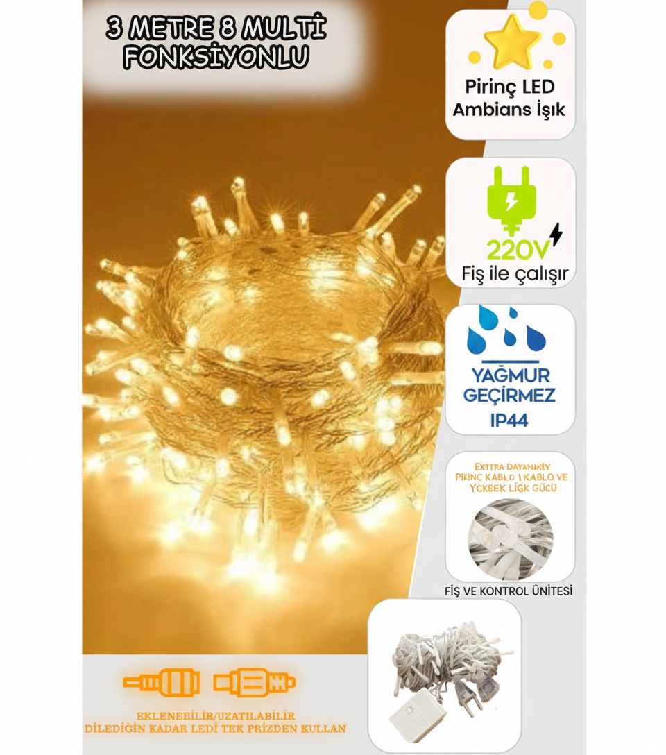 3 METRE FİŞLİ GÜNIŞIĞI PİRİNÇ LED 