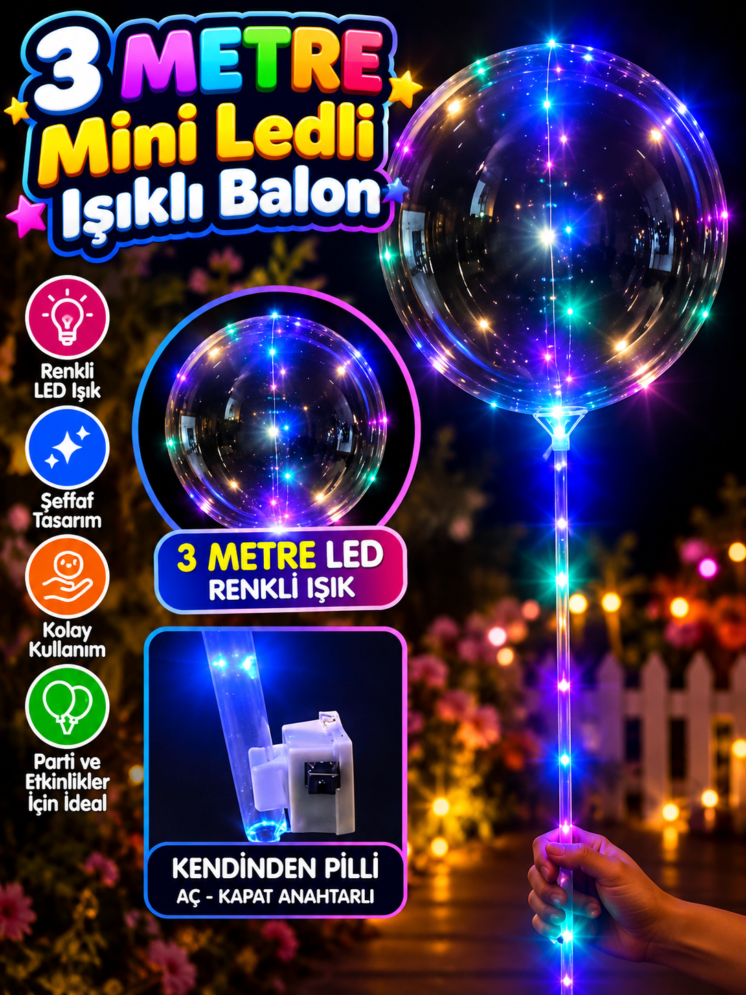 3 Metre Mini Ledli Işıklı Balon