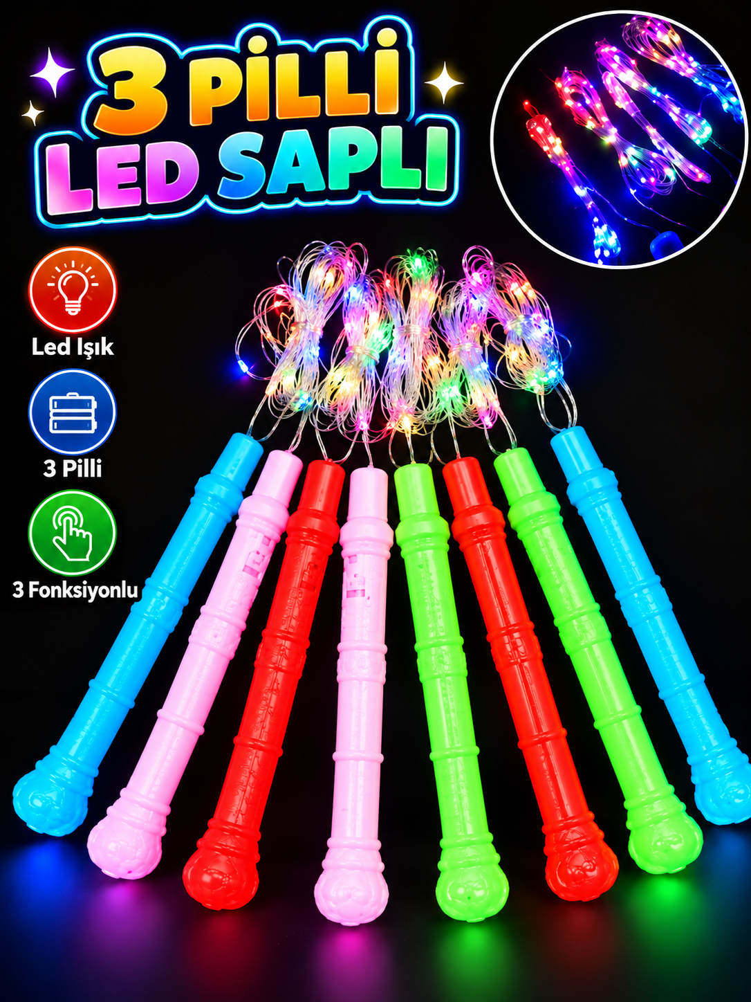 3 Pilli 3 Fonksiyonlu Led Saplı
