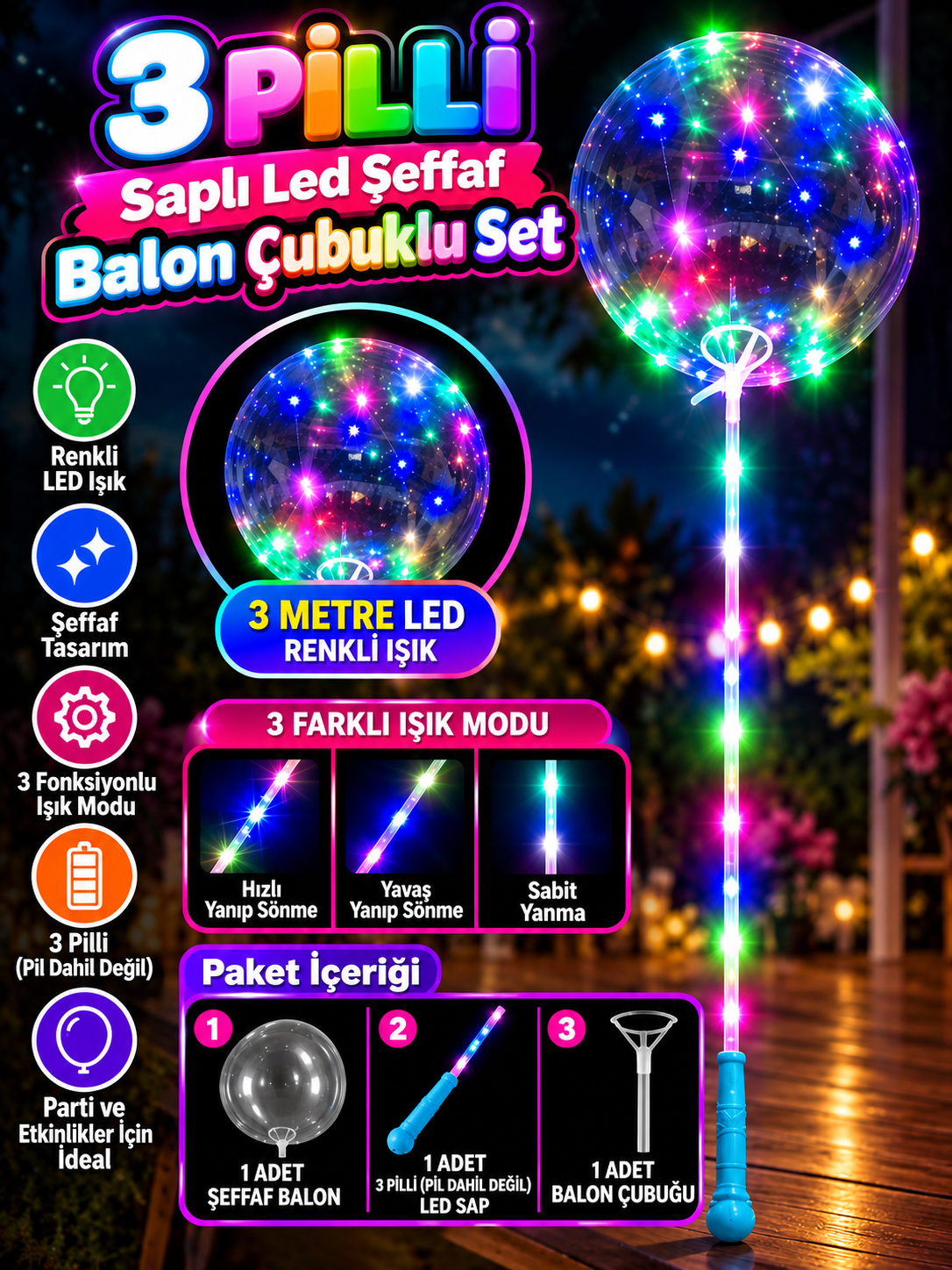 3 Pilli 3 Fonksiyonlu Saplı Led Şeffaf Balon Çubuklu Set