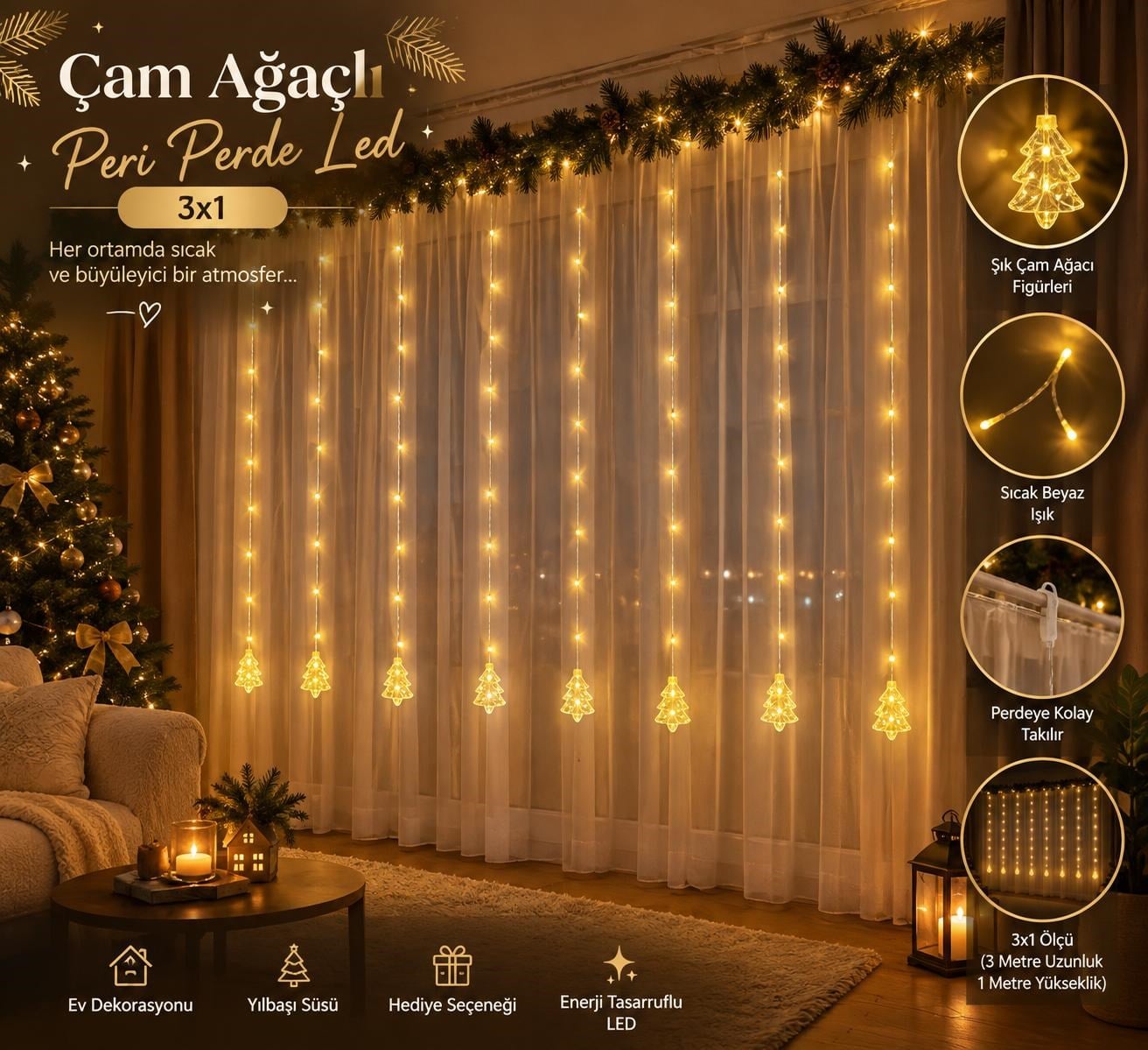 3X1 Çam Ağacı Peri Perde Led 