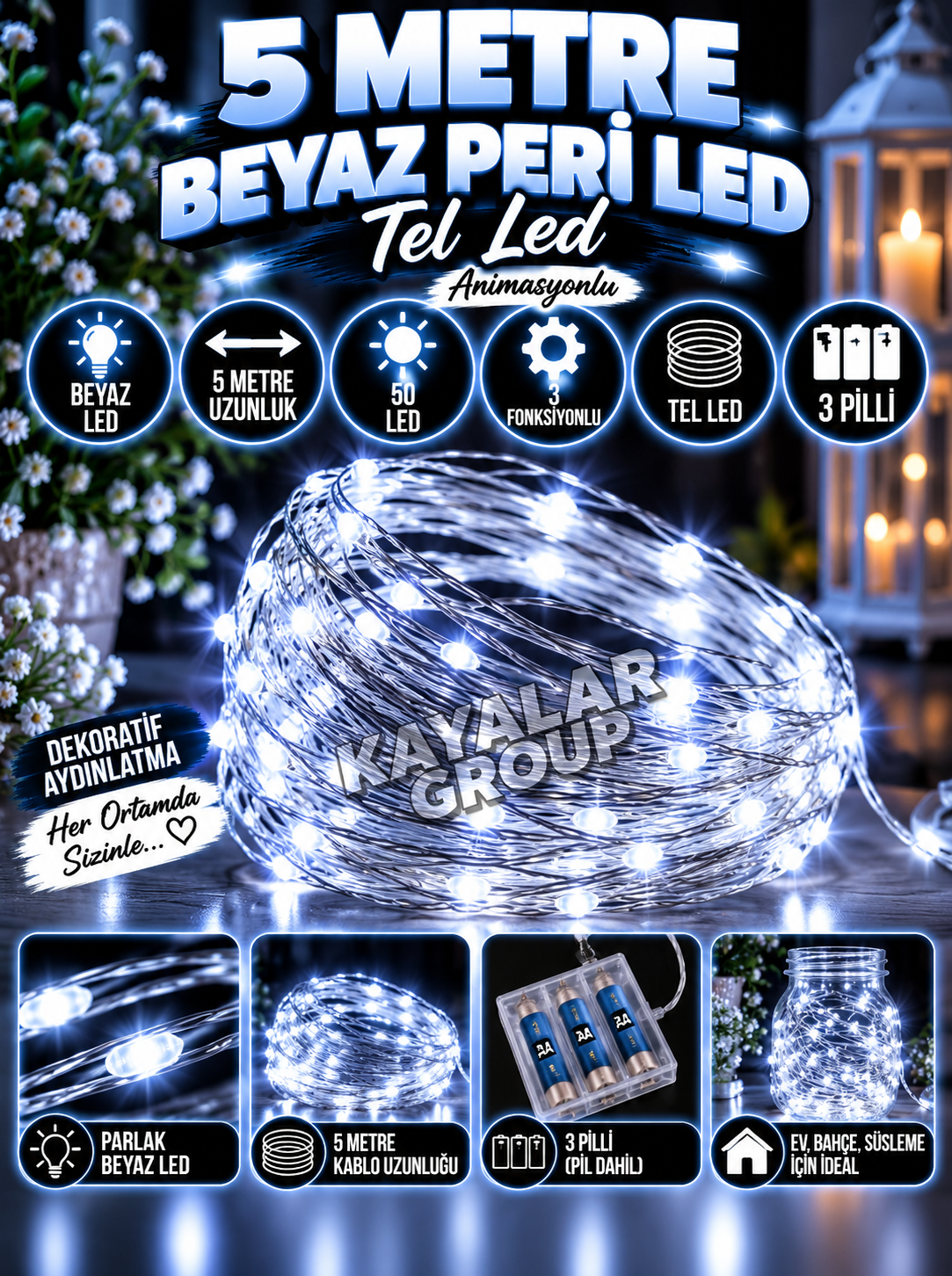 5 M Beyaz Peri Led Tel Led Animasyonlu