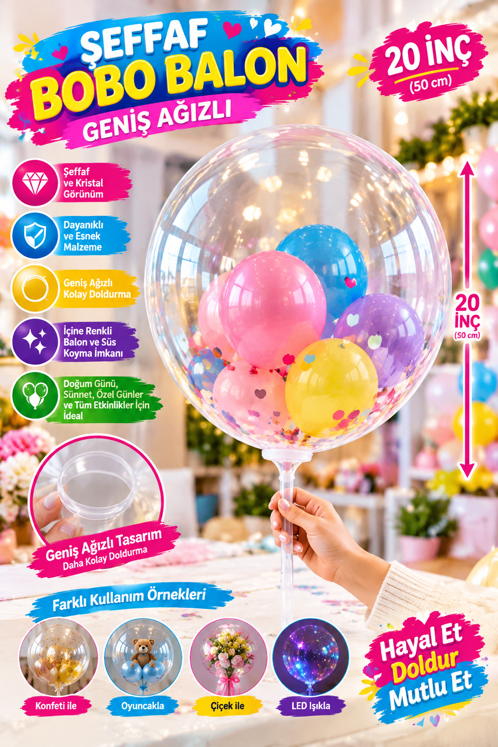 Bobo Şeffaf Balon 20 İnç Geniş ağızlı 