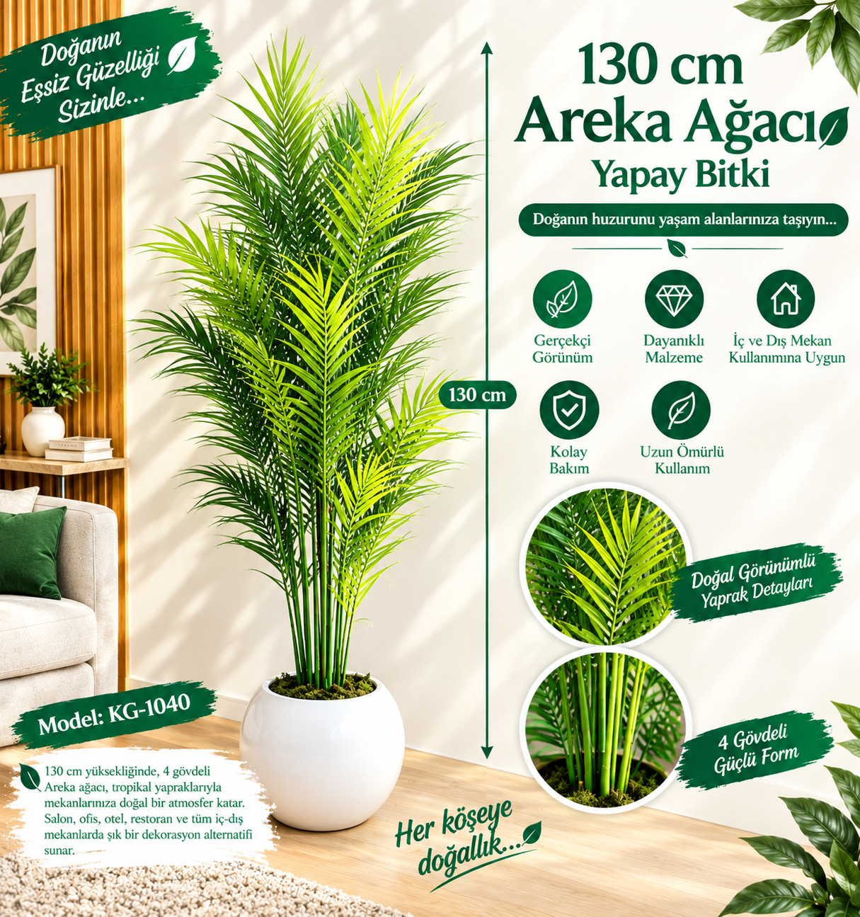 Orta Boy 130 Cm Areka Ağaç 4 Gövdeli
