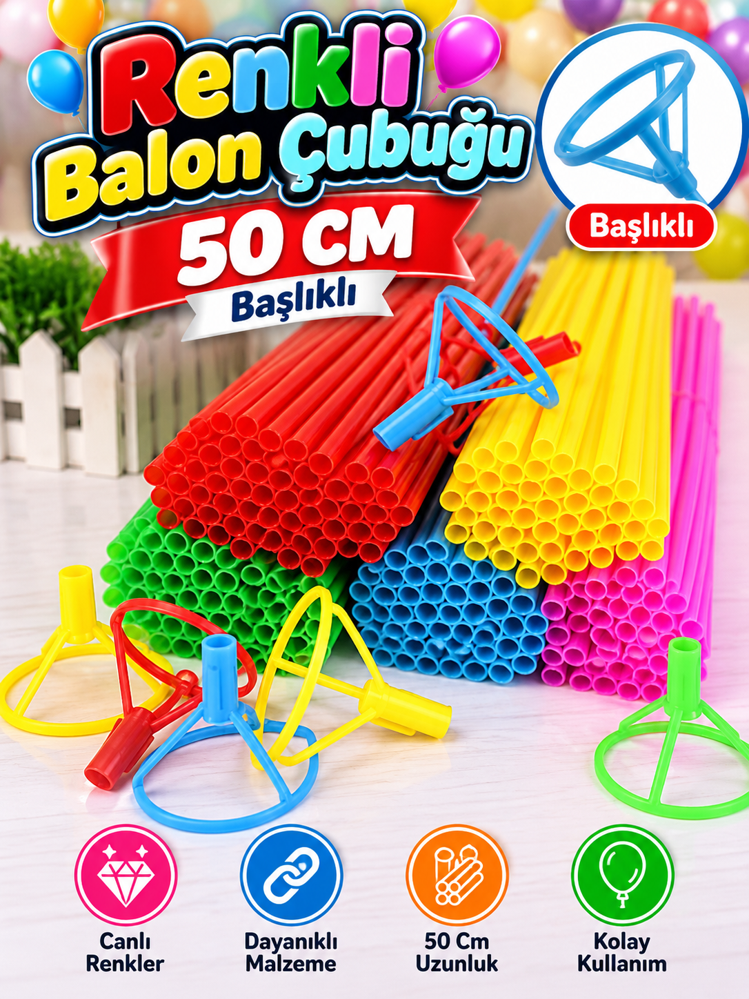 Renkli Balon Çubuğu 50 Cm Başlıklı 