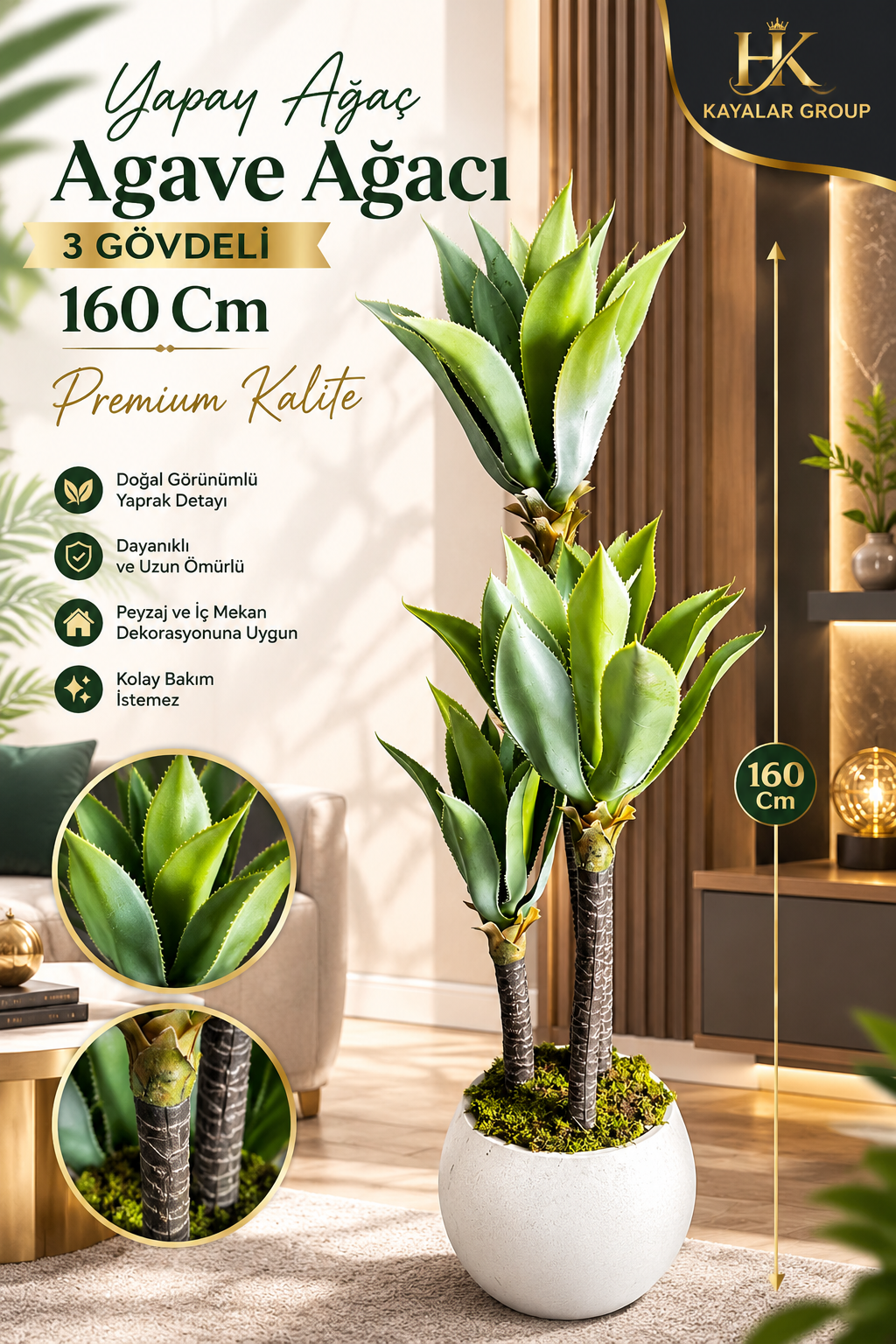 Yapay Ağaç Agave Ağacı 3gövdeli 160 Cm Premium Kalite