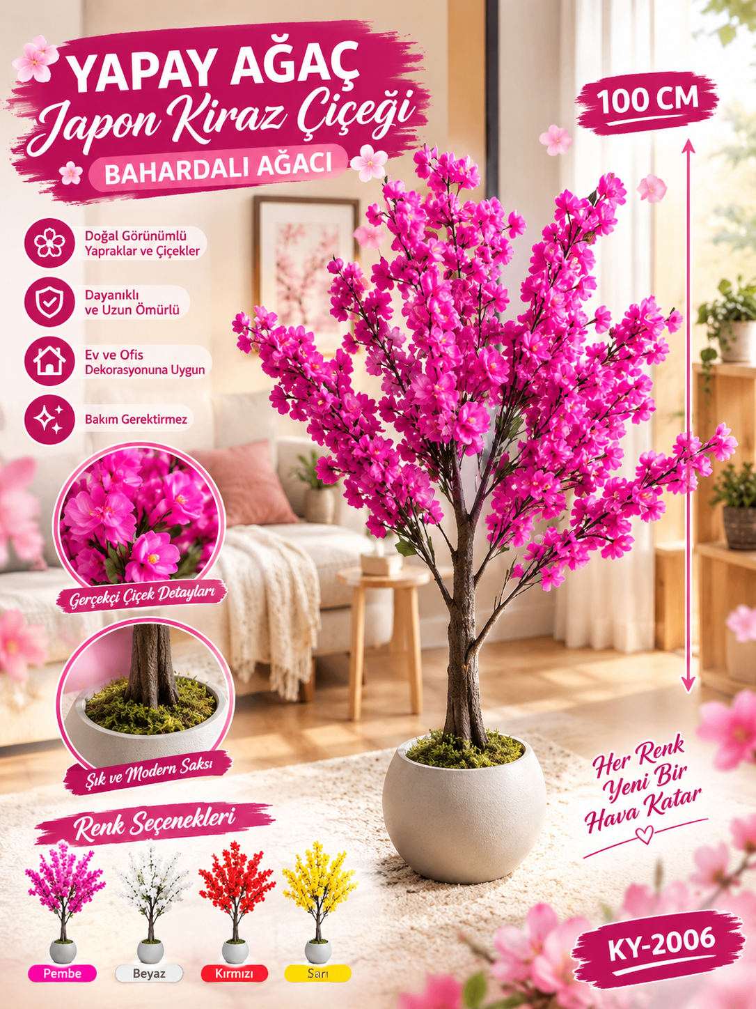 Yapay Ağaç Japon Kiraz Çiçeği Hazır Gövdeli Bahardalı Ağacı 100cm Sakura Çiçeği Saksılı 