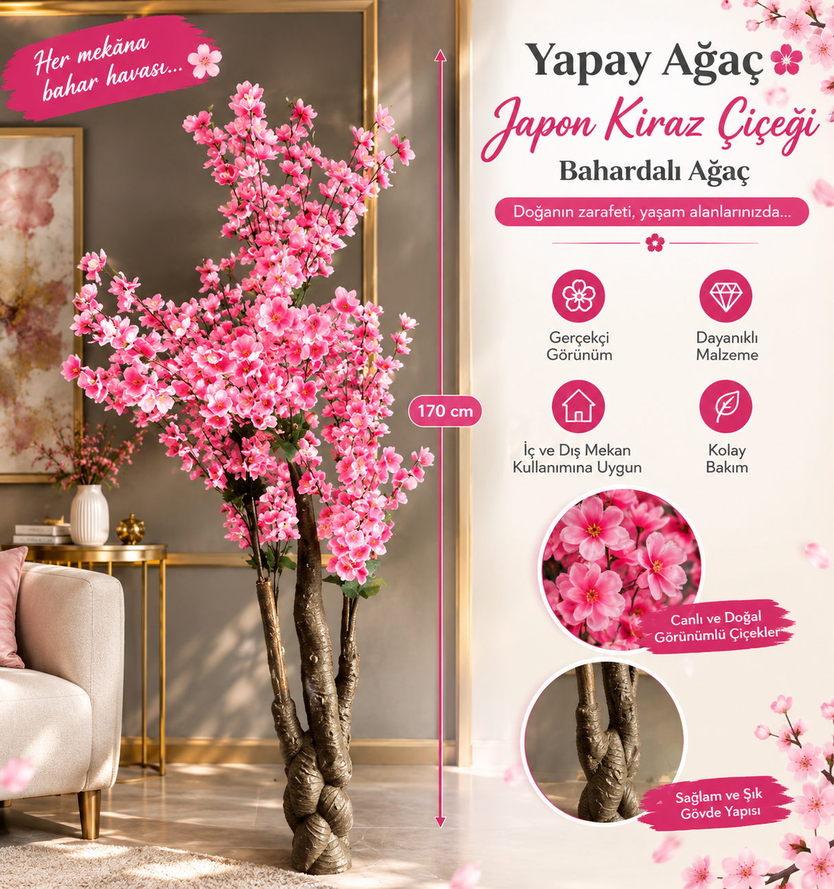 Yapay Ağaç Japon Kiraz Çiçeği Hazır Gövdeli Bahardalı Ağacı 170 cm Sakura Çiçeği