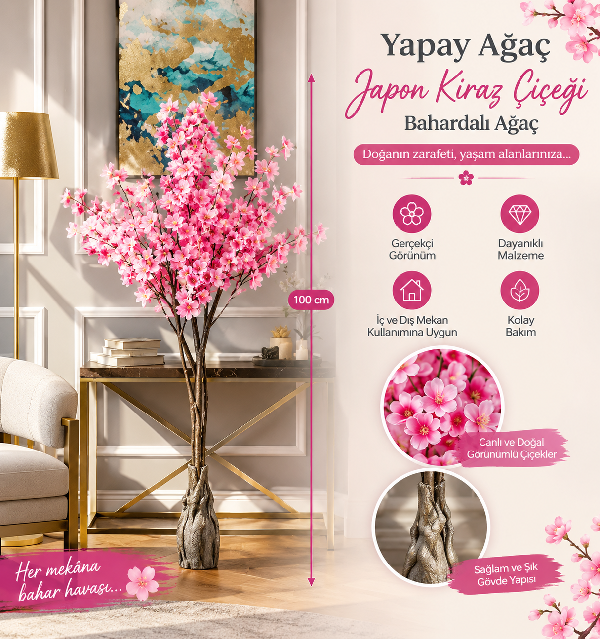 Yapay Ağaç Japon Kiraz Çiçeği Hazır Gövdeli Bahardalı Ağacı 100cm Sakura Çiçeği