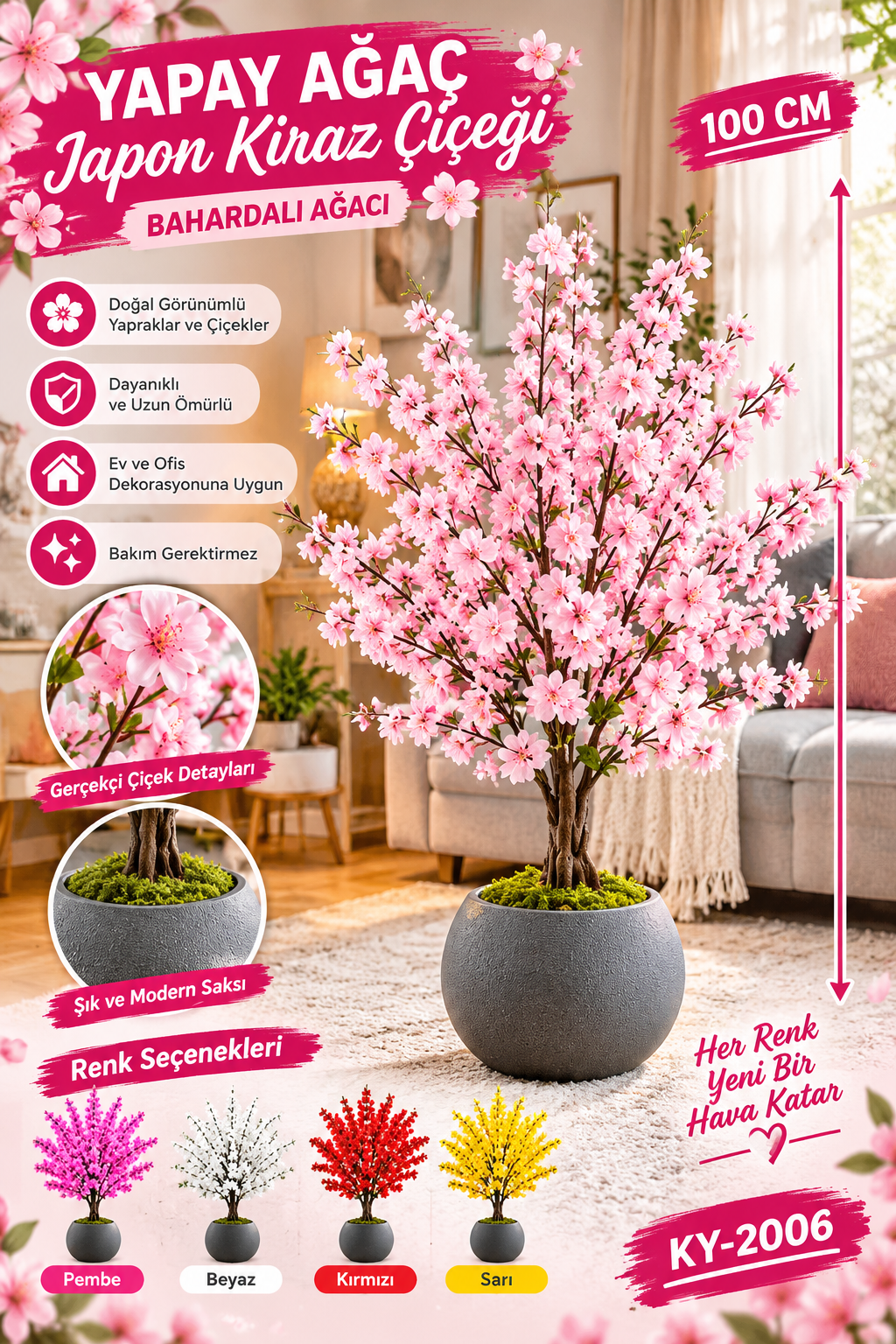 Yapay Ağaç Japon Kiraz Çiçeği Hazır Gövdeli Bahardalı Ağacı 100cm Sakura Çiçeği saksılı 