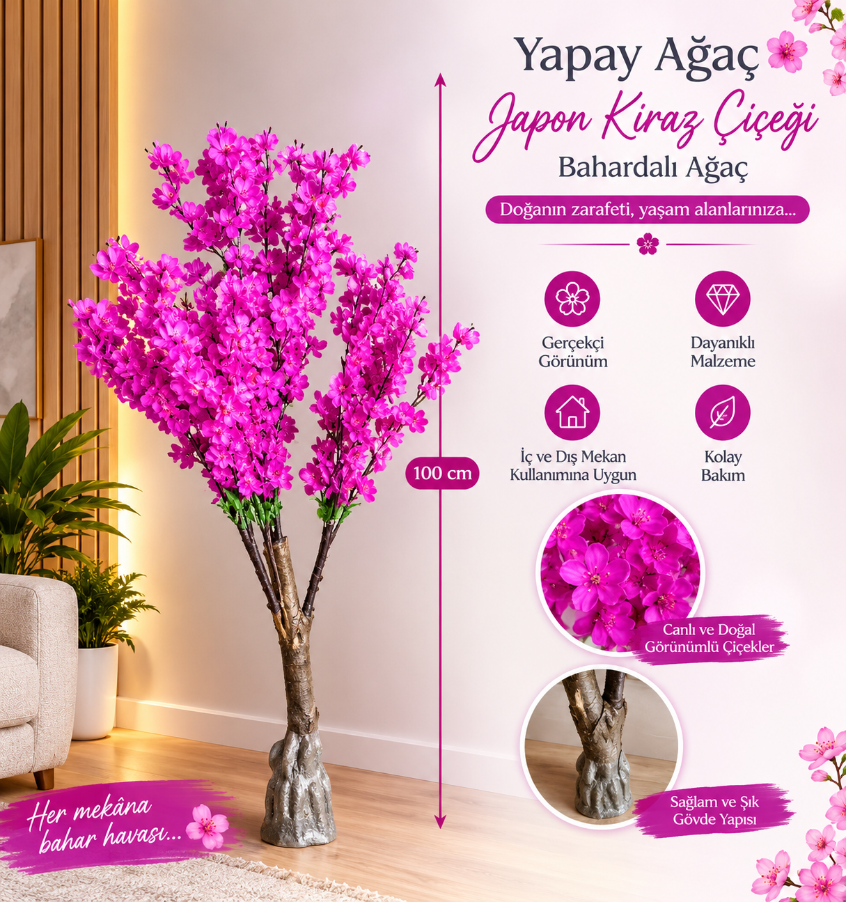 Yapay Ağaç Japon Kiraz Çiçeği Hazır Gövdeli Bahardalı Ağacı 100cm Sakura Çiçeği