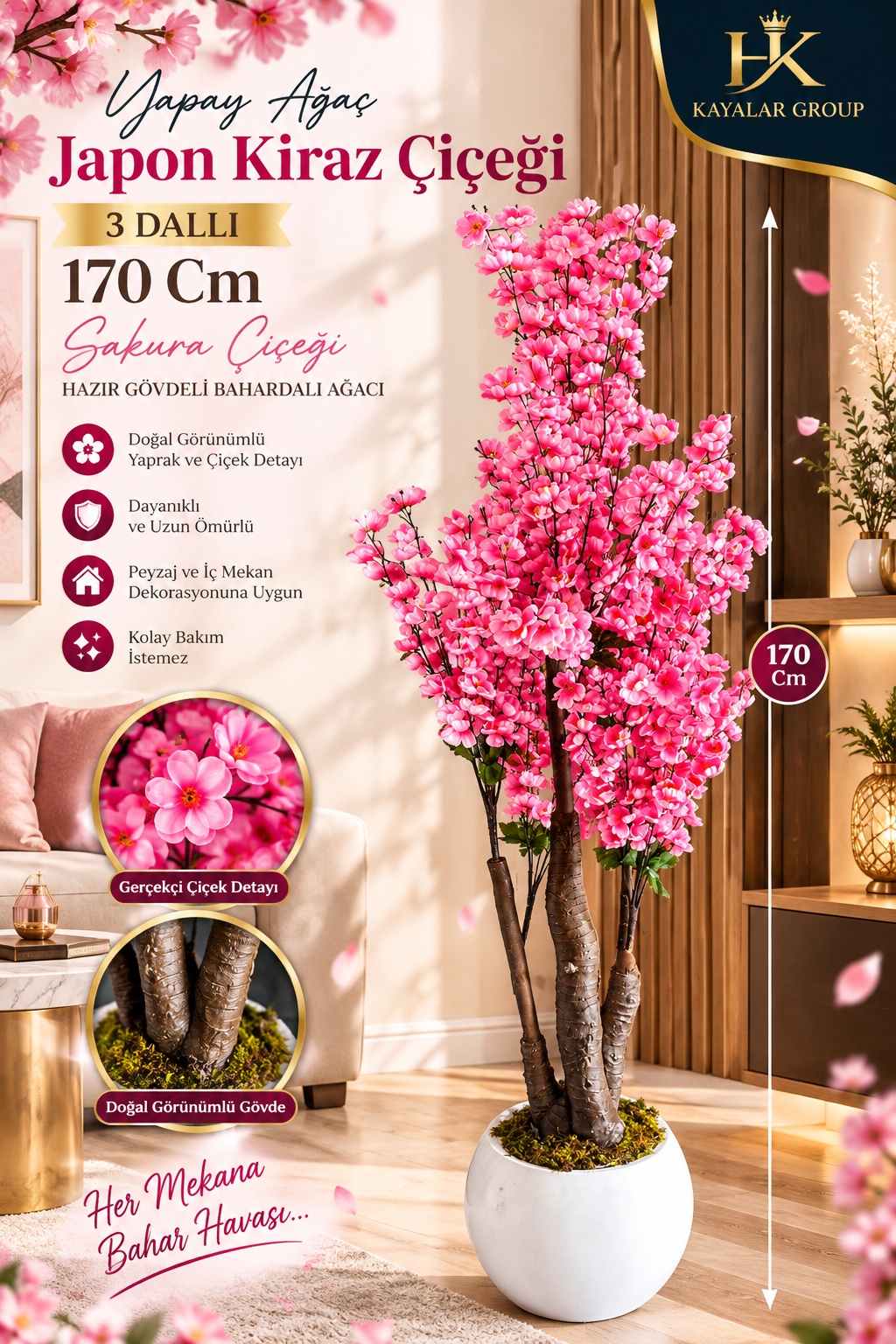 Yapay Ağaç Japon Kiraz Çiçeği Hazır Gövdeli Bahardalı Ağacı 170 cm Sakura Çiçeği SAKSILI