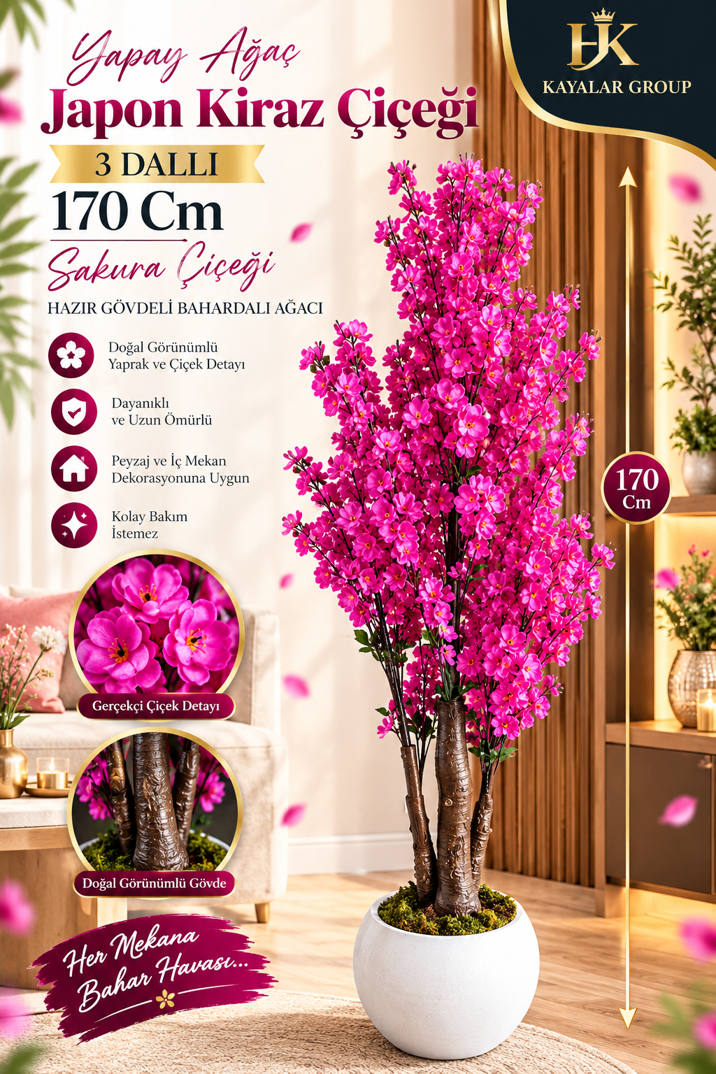 Yapay Ağaç Japon Kiraz Çiçeği Hazır Gövdeli Bahardalı Ağacı 170 cm Sakura Çiçeği SAKSILI Mor