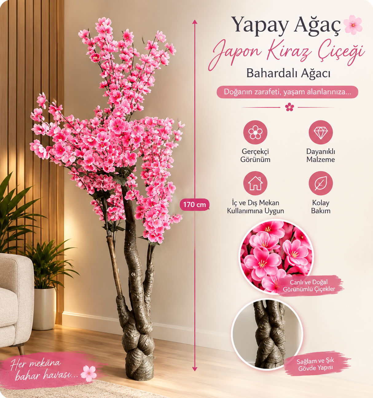 Yapay Ağaç Japon Kiraz Çiçeği Hazır Gövdeli Bahardalı Ağacı 170 cm Sakura Çiçeği